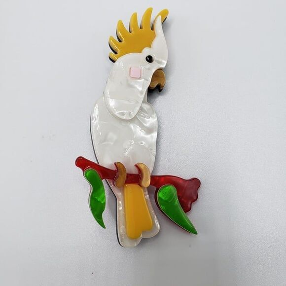 Adorable White Acrylic Cockatoo Parrot 3" Bird Brooch Lapel Pin - Picture 1 of 5